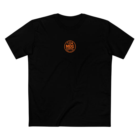Black t-shirt with orange logo on a white background front view
