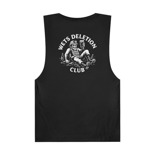 Black sleeveless shirt with white graphic and text on a white background