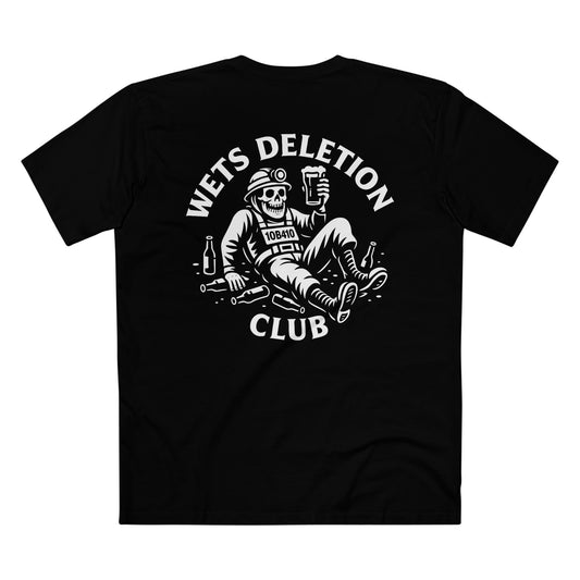 Black t-shirt with white graphic and text on a white background