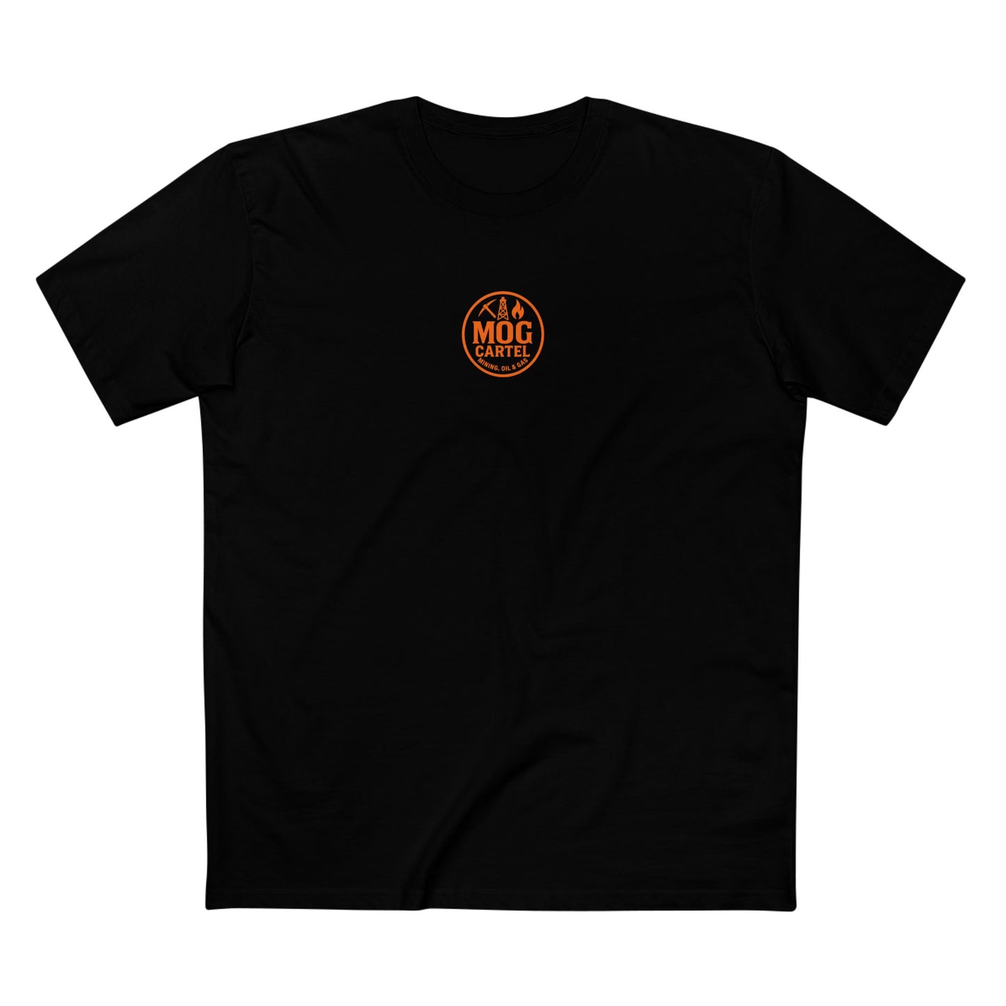 Black t-shirt with orange logo on a white background front view