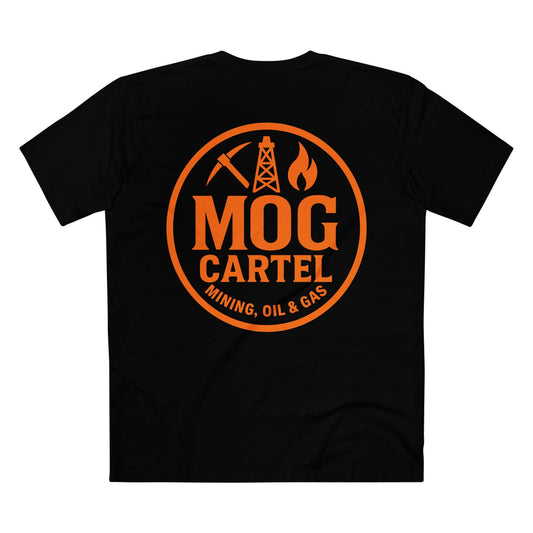 Black t-shirt with orange 'MOG Cartel' logo featuring a mining, oil, and gas theme on a white background. Rear design shown.