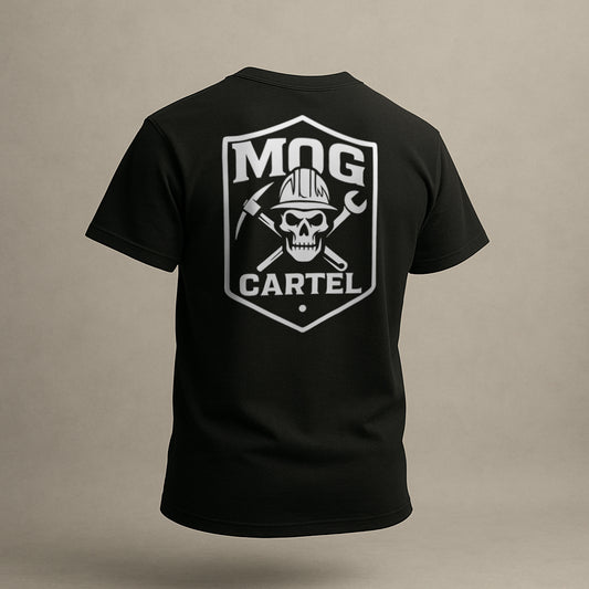 Mining Oil & Gas Black t-shirt with 'MOG Cartel' logo on the back against a beige background, rear design view