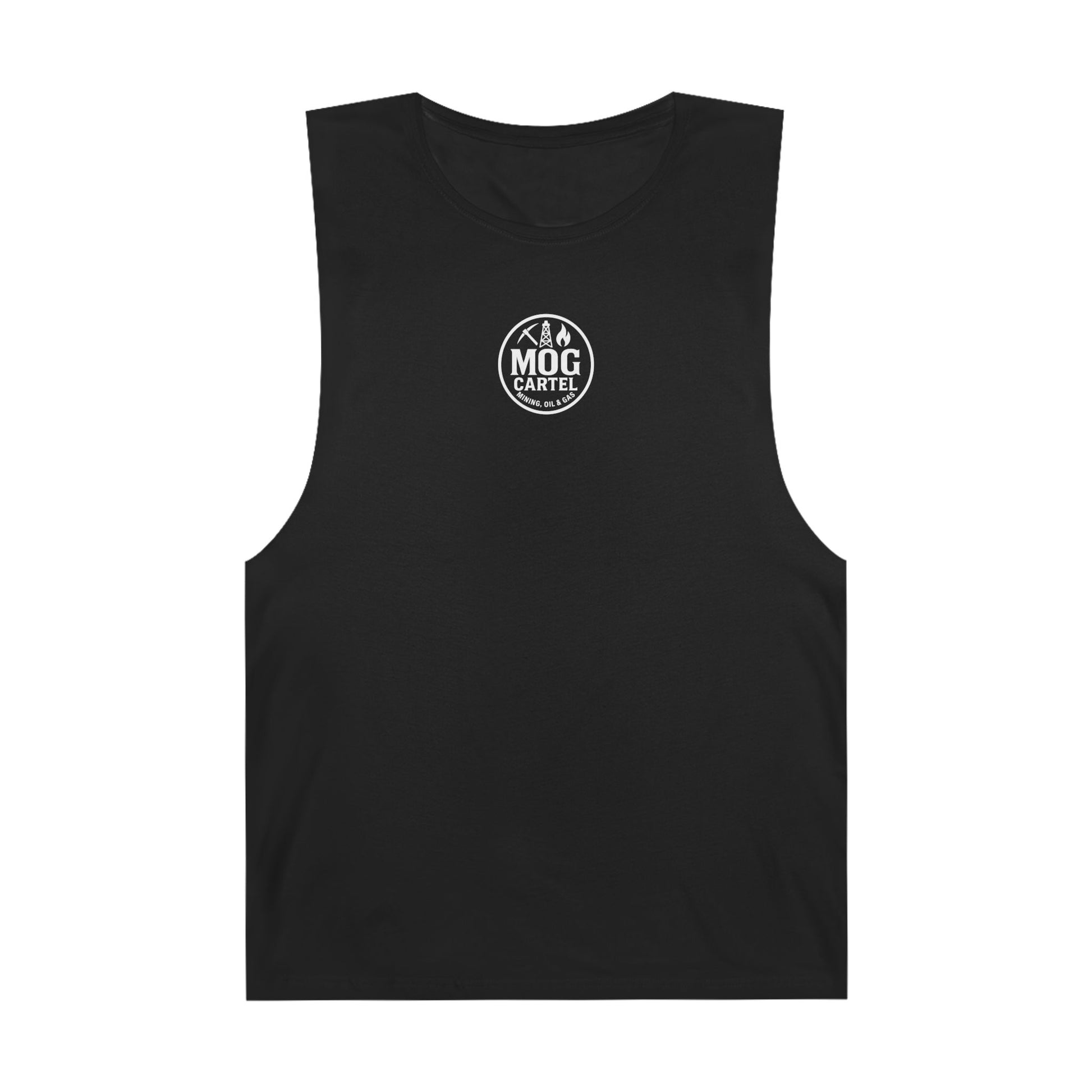 Black sleeveless shirt with a white logo on a white background