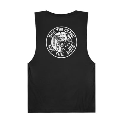 Black sleeveless shirt with a graphic design on the back against a white background