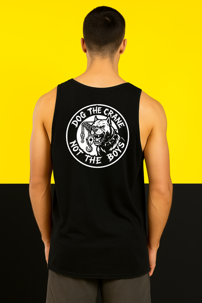 Person wearing a black tank top with a graphic design on the back against a yellow and black background