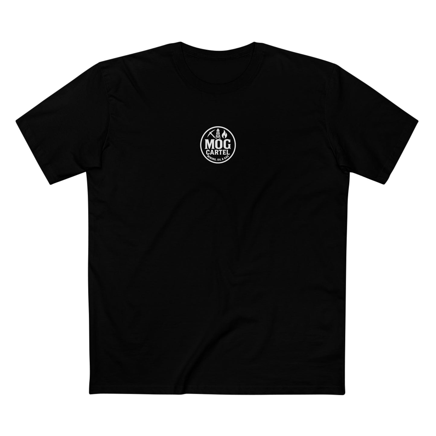 Black t-shirt with a MOG Cartel logo on the chest with white print on a white background, front view