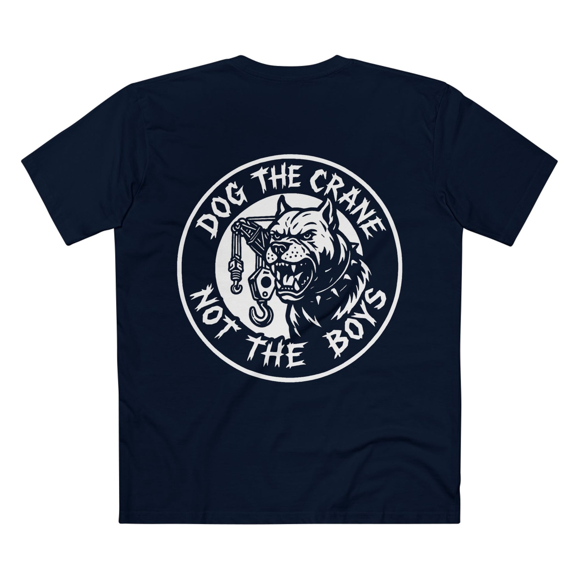 Navy blue t-shirt with a graphic design and text with white print, on a white background, rear view