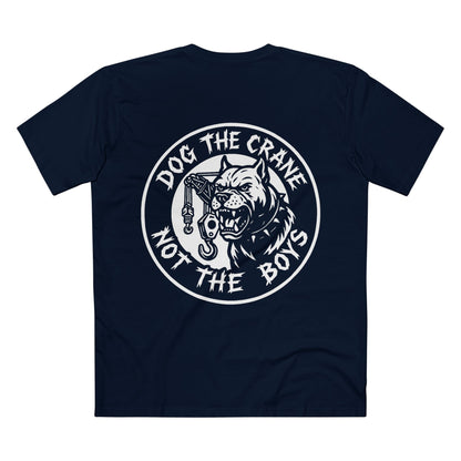 Navy blue t-shirt with a graphic design and text with white print, on a white background, rear view