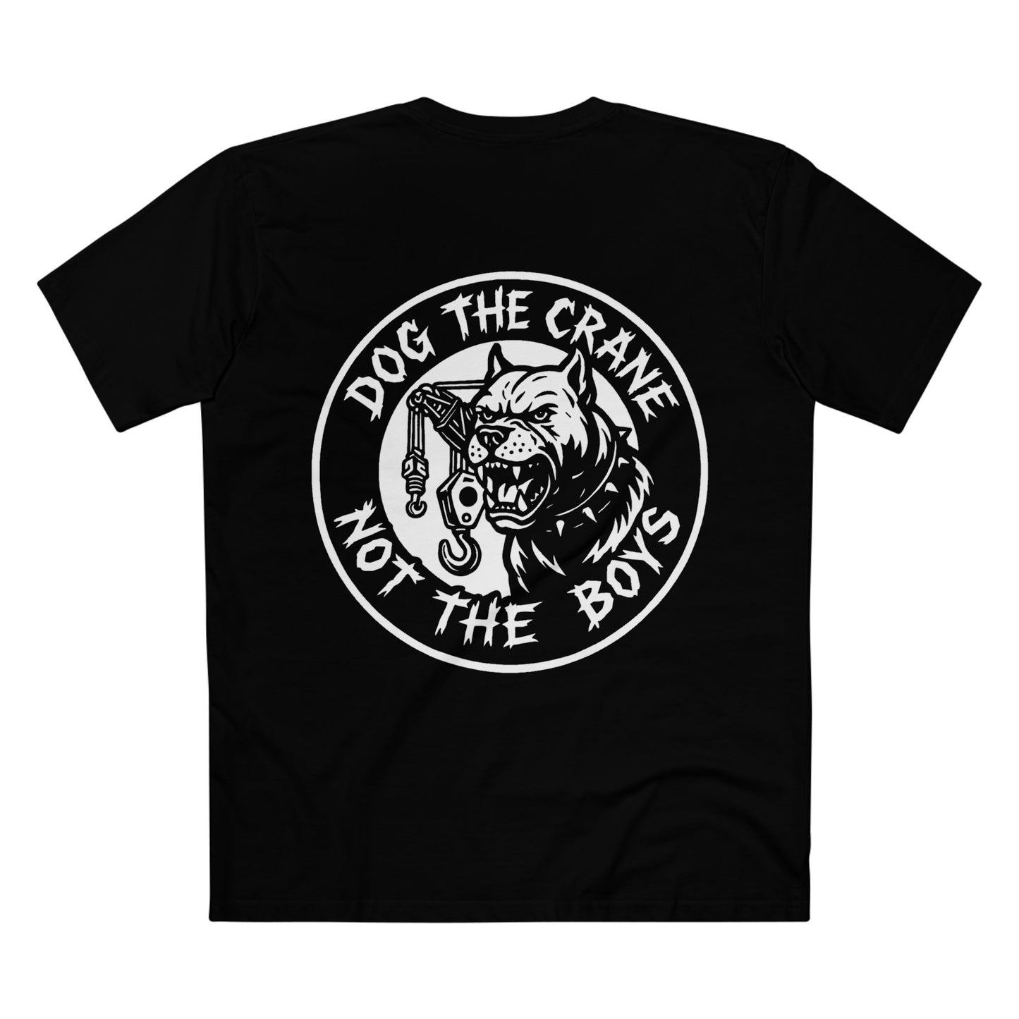 Black t-shirt with a graphic design featuring a dog and text with white print rear view
