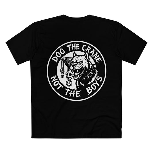Black t-shirt with a graphic design featuring a dog and text with white print rear view