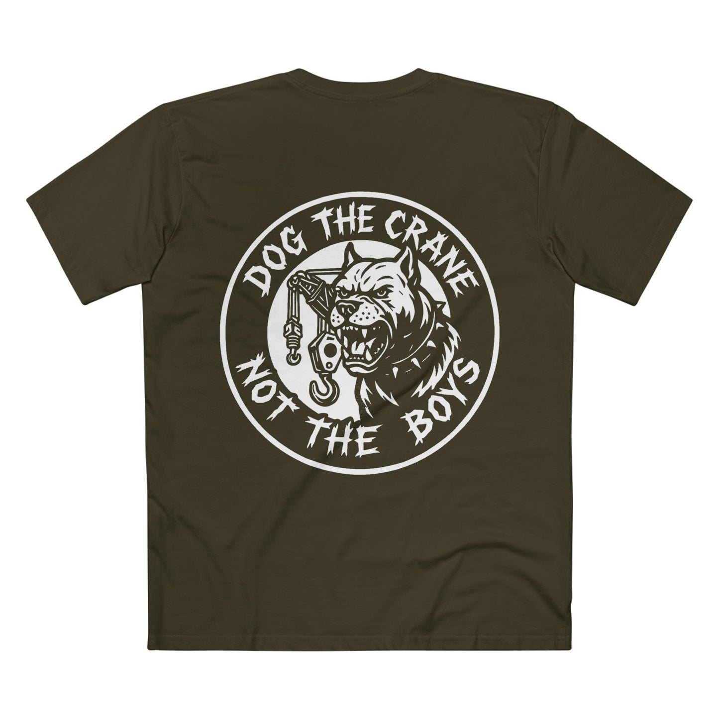Army green t-shirt with a graphic design featuring a dog and text with white print on a white background, rear view