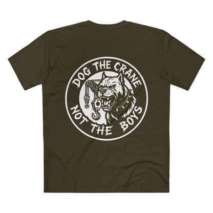 Army green t-shirt with a graphic design featuring a dog and text with white print on a white background, rear view
