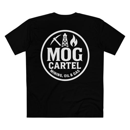 Black t-shirt with 'MOG Cartel' logo featuring a mining, oil, and gas design with white print, rear view