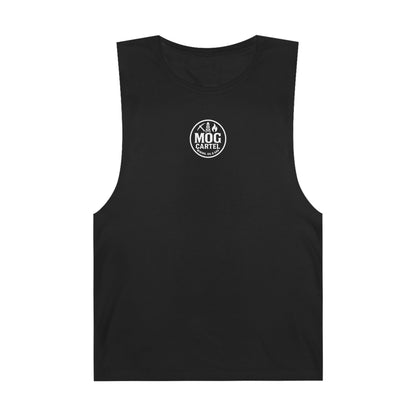 Black sleeveless shirt with a white logo on a white background