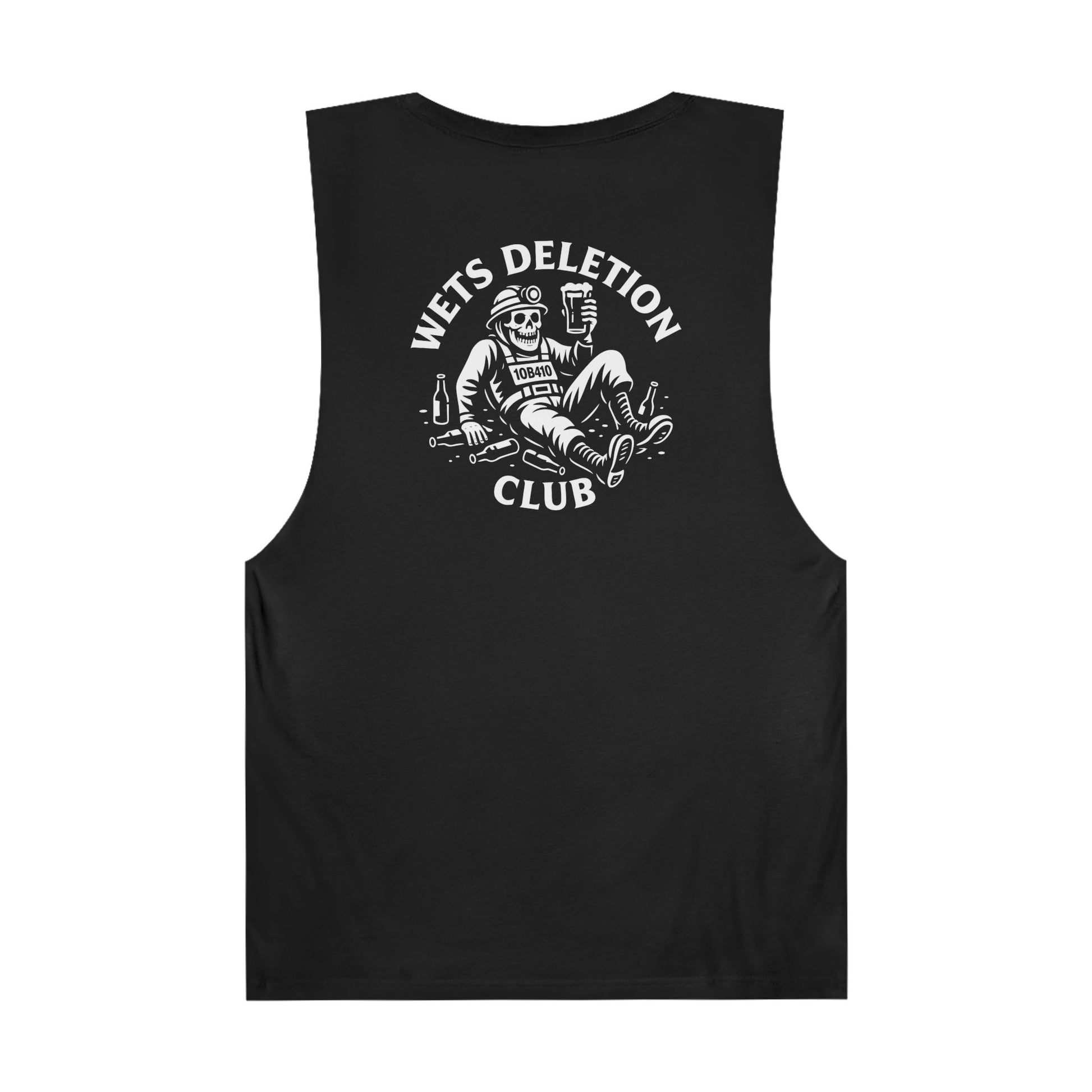 Black sleeveless shirt with white graphic and text on a white background