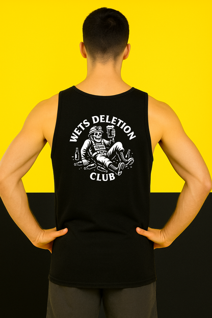 Person wearing a black tank top with 'Wet's Deletion Club' graphic on a yellow and black background