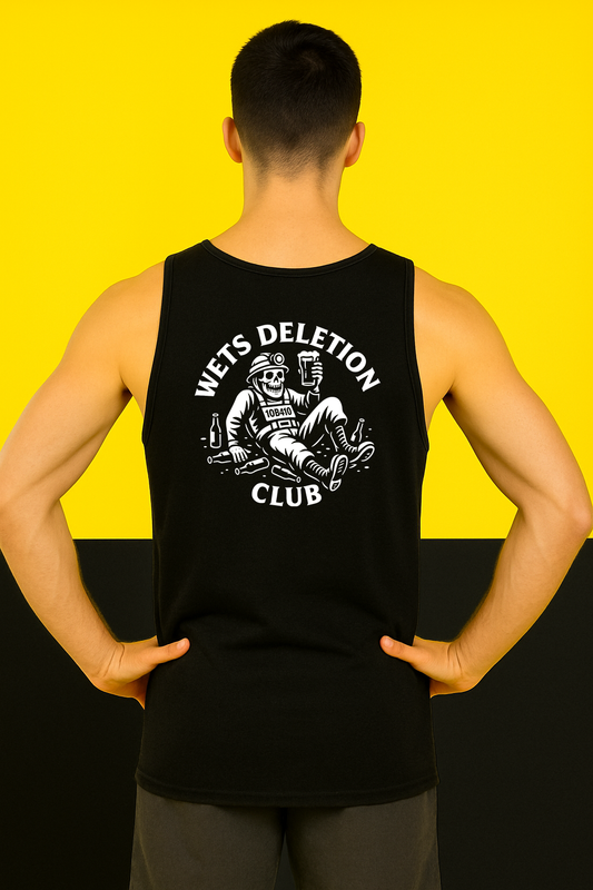 Person wearing a black tank top with 'Wet's Deletion Club' graphic on a yellow and black background