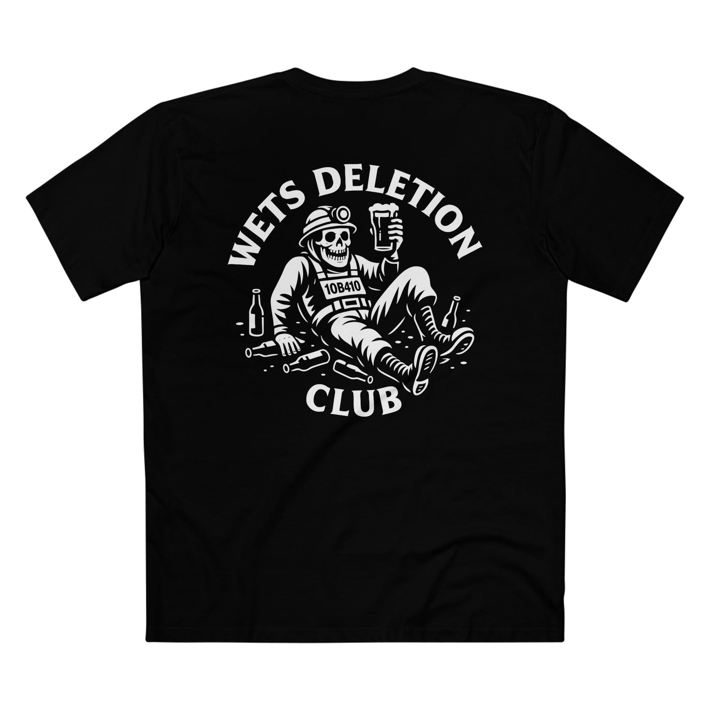 Black t-shirt with white graphic and text on a white background