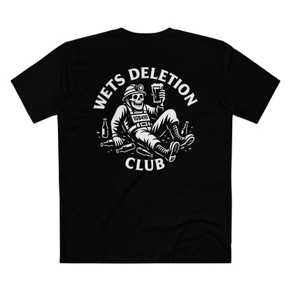 Black t-shirt with white graphic and text on a white background