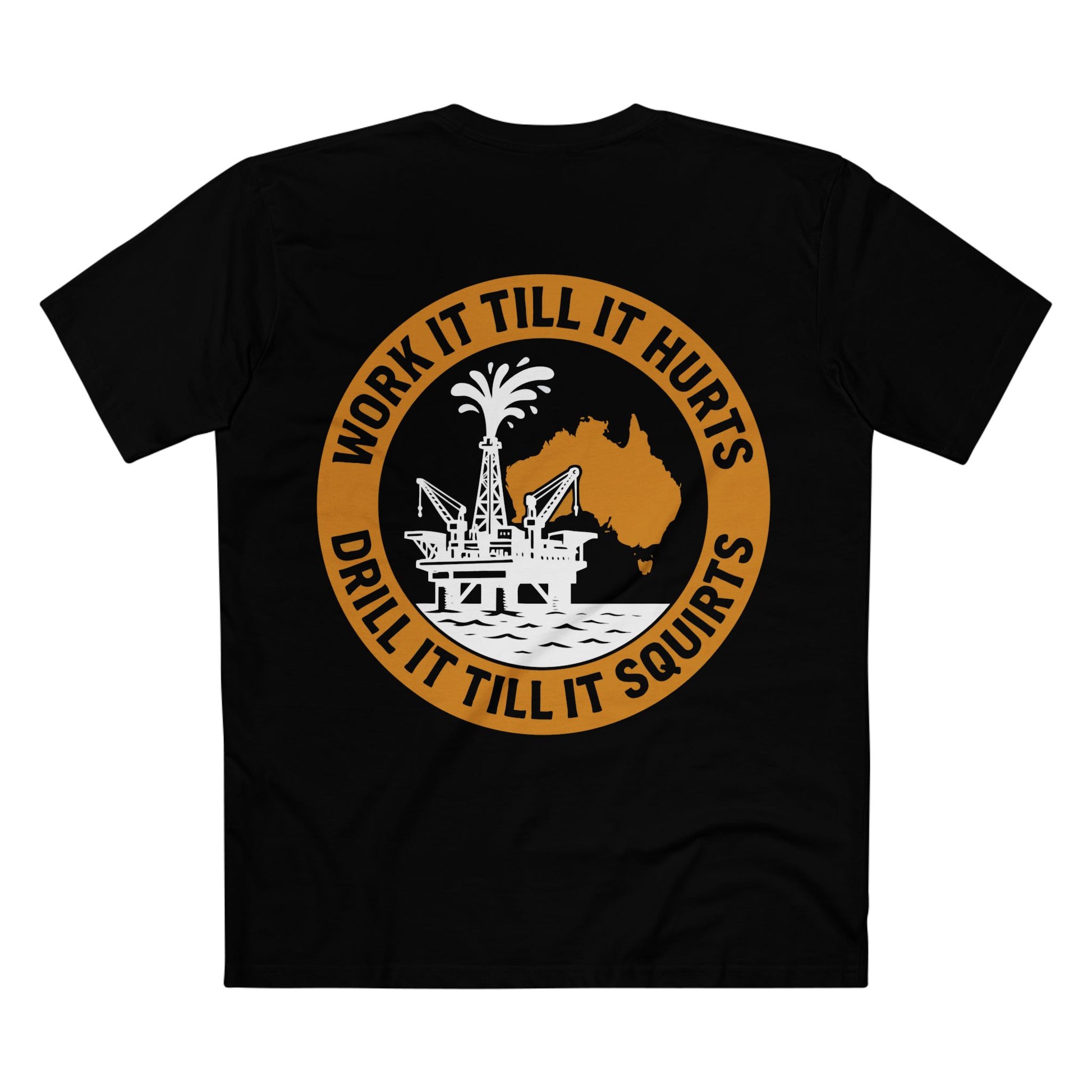 Black t-shirt with a graphic design featuring an oil rig and text with orange print, rear view of design