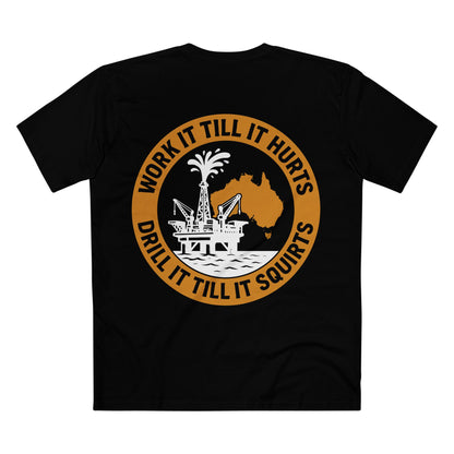 Black t-shirt with a graphic design featuring an oil rig and text with orange print, rear view of design