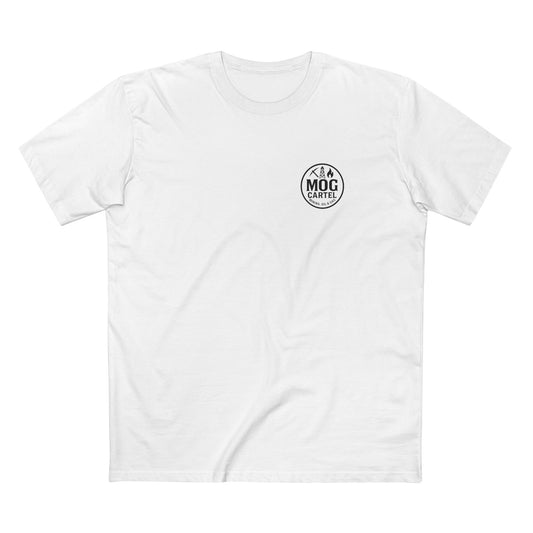 White t-shirt with a black logo on a white shirt front view