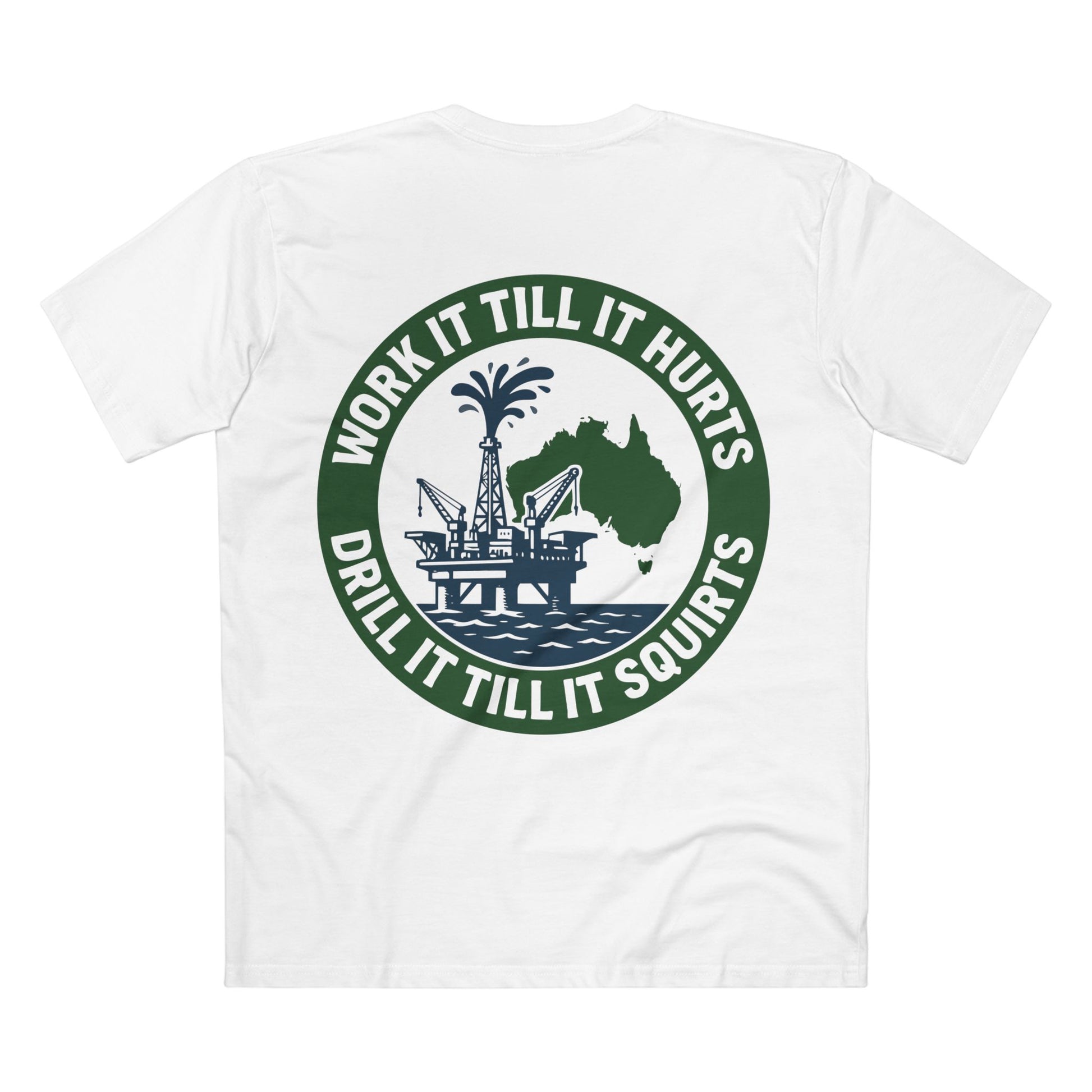 White t-shirt with a graphic design and text on the back, on a white background rear view