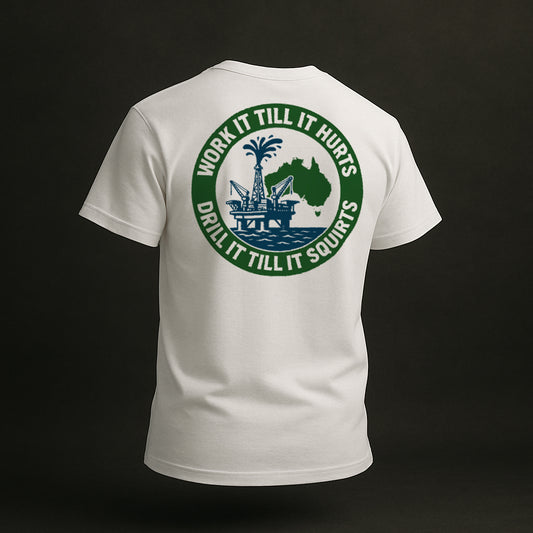 White t-shirt with a graphic design on the back featuring text and an oil rig illustration, rear view